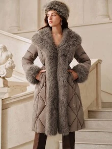 Savoree Women's Luxury Detachable Faux Fur Collar Cinched Waist Thick Long Coat