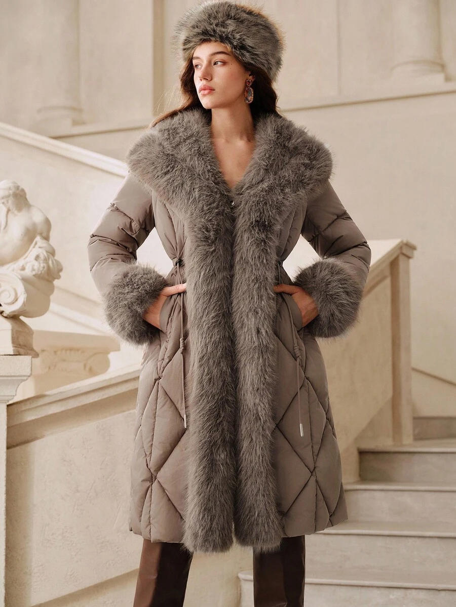 Savoree Women's Luxury Detachable Faux Fur Collar Cinched Waist Thick Long Coat
