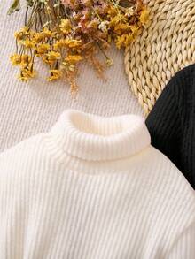 SHEIN 2 件套女婴针织长袖高领宽松连衣裙，适合外出和聚会，秋冬季 - 黑色 - 查看 3