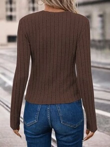 EMERY ROSE Áo thun nữ tay dài có gân màu đỏ rượu vang Topburgundy - Cà phê nâu - Xem 2