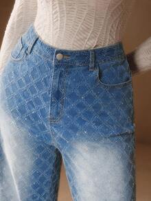 Anewsta Fashionable Diamond Embellished Women's Straight Leg Blue Jeans - Blue - View 3