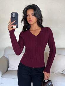 Aloruh Purple New Vintage Eggplant Purple & Green V-Neck Pullover Sweater, Comfortable & Versatile Long Sleeve Knit Top Autumn Winter For Women Fashion Holiday For Women Vacation Women Summer Spring Street Chic - Red Violet - View 8
