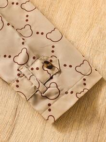 Elladie kids 女童卡其色小熊图案保暖连帽双排扣时尚外套，适合日常休闲穿着，可爱又保暖，冬季适用。