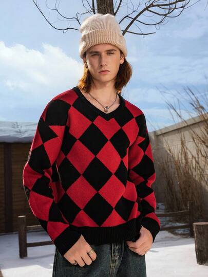 Manfinity Hypemode 男士休闲菱形图案V领长袖毛衣，秋冬