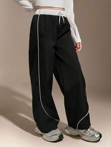 Hanevo Tween Girl Casual All-Match Street Sports Versatile Black & White Contrast Trim Loose Wide Leg Pants,Holiday,Summer,Travel - Black - View 1