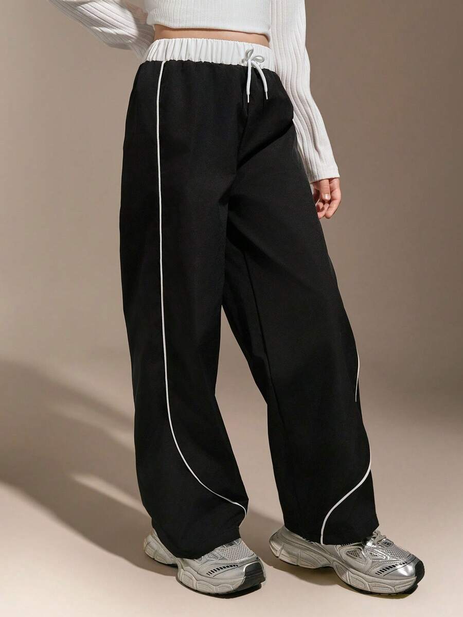 Hanevo Tween Girl Casual All-Match Street Sports Versatile Black & White Contrast Trim Loose Wide Leg Pants,Holiday,Summer,Travel - Black - View 1