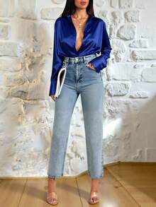 EURMUSE Quần jean Mom Fit cạp cao đính đá sáng màu chi tiết - Rửa nhẹ - Xem 2