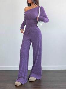 Flirla Women's Asymmetrical Shoulder Plush T-Shirt + Wide Leg Low Waist Pants 2 Pieces Set, Casual Home Wear For Winter - Dusty Purple - View 6