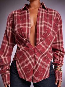 Denimoi Karierte Bluse mit verdrehter Vorderseite, tiefem Ausschnitt und langen Ärmeln - Bordeaux - Übersicht 2