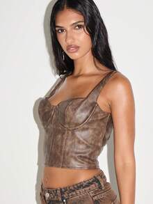 KIZN Distressed Faux Leather Corset Top Vintage Style Bustier Fitted Crop Tank With Back Zipper Detail Western Cowgirl Festival Wear - Brown - View 6