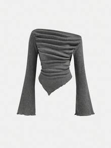 SHEIN 2pcs Tween Girls Casual Dark Grey Fuzzy Ribbed Ruched Long Sleeve Fitted Knit Top And Flare Pants Set, Suitable For Home, Outdoor, Travel, Airport, Casual Daily Wear