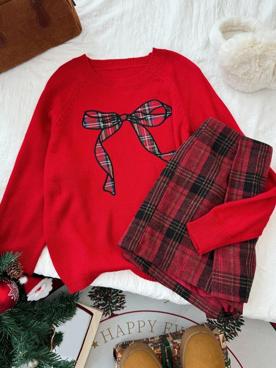 DAZY Tween Girls' Christmas Round Neck Bow Embroidered Sweater,New Year - Red - View 1