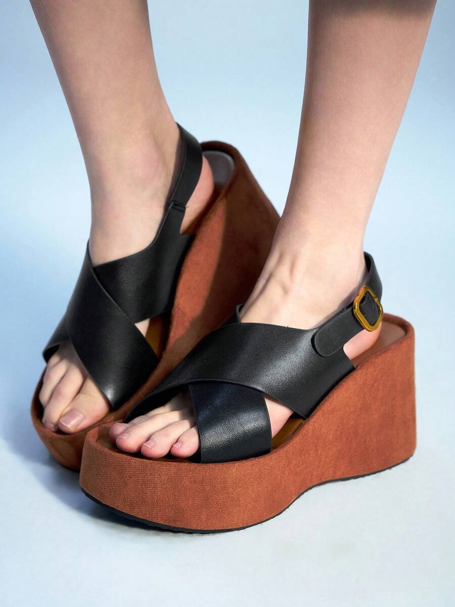 Sugerpunk 女士休闲坡跟厚底凉鞋，显瘦增高 - 黑色 - 查看 1