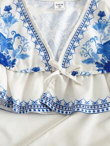 SHEIN Conjunto de 2 piezas de chaqueta de punto con estampado floral y pantalones casuales holgados para niña - Blanco - Ver 6