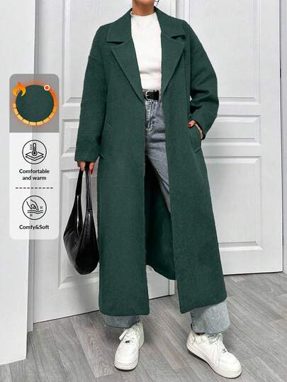 EURMUSE Lapel Neck Double Breasted Slant Pocket Waist Belt Tie-Up Woolen Overcoat