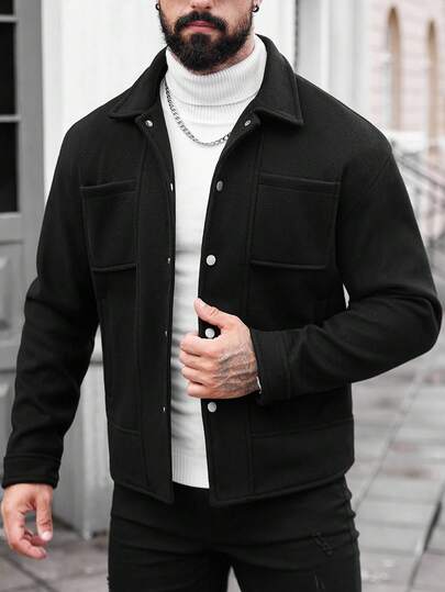 Manfinity Homme 男士纯色长袖口袋设计休闲大衣，秋冬