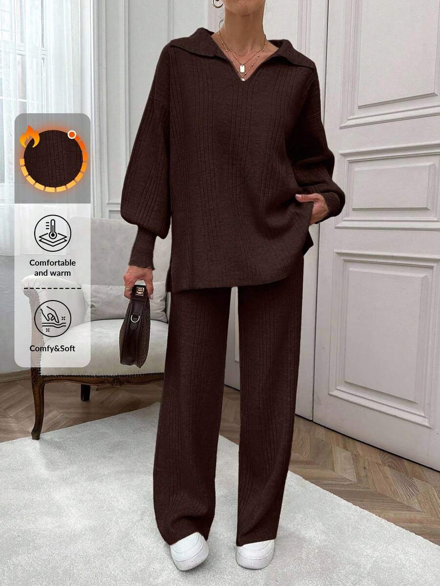 EURMUSE Rib Pattern Polo Neck Sweater And Pant 2pcs Set - Brown - View 1