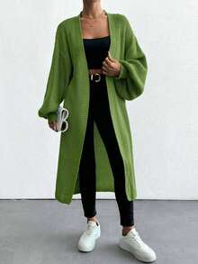 EURMUSE Cardigan long décontracté à manches longues et épaules tombantes de couleur unie pour femmes - Vert olive - Voir 3