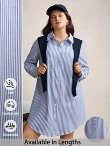 SHEIN PETITE CURVE Vestido corto de manga larga con estampado de rayas para mujer de talla grande