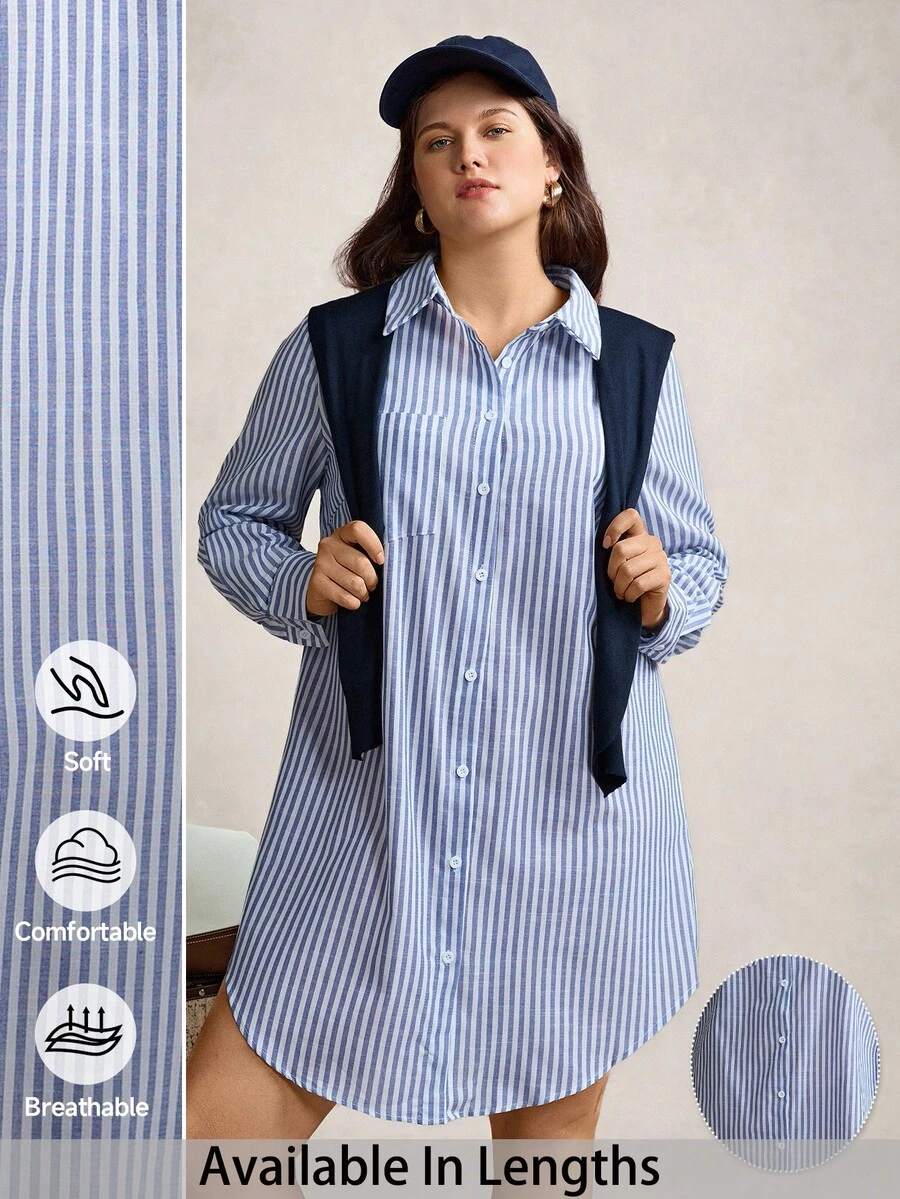 SHEIN PETITE CURVE Vestido corto de manga larga con estampado de rayas para mujer de talla grande