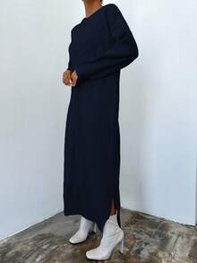 EURMUSE Women's Solid Color Crew Neck Casual Long Sleeve Sweater Dress - Navy Blue - View 3