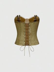 ROMWE Grunge Punk 复古做旧PU性感开衩修身女式抹胸 - 杏色 - 查看 2