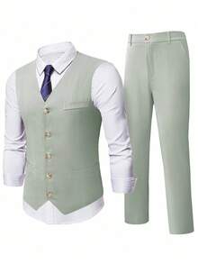 Calvornis Men's Solid Color V-Neck Vest And Pants Casual Suit Set - Green - View 3