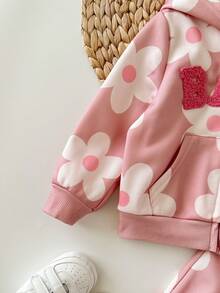 女婴可爱休闲花卉针织连帽衫套装，粉色 - 粉色 - 查看 6