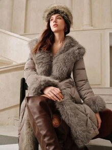 Savoree Women's Luxury Detachable Faux Fur Collar Cinched Waist Thick Long Coat