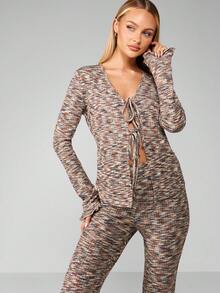 MISSGUIDED Space Knit Long Sleeve Tie Front Two Piece Set Modern Lounge Co Ord Fall Winter Flare Pants Ruffle Trim Marled Knit Matching Outfit