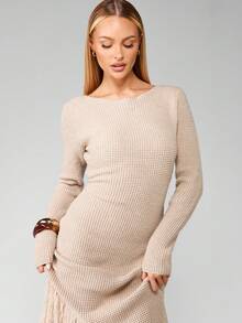 MISSGUIDED 长袖罗纹针织连衣裙，冬季及地长款，流苏下摆细节，优雅晚宴派对假日正式礼服，毛衣连衣裙，秋季时尚 - 杏色 - 查看 3