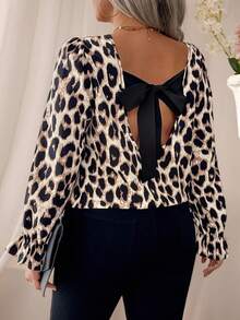 SHEIN Clasi Plus Size Fashionable Random Leopard Floral Print Round Neck Backbow Long Sleeve Shirt, Spring/Autumn Fall Cloth For Women - Multicolor - View 1