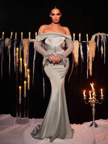 Glamrae Elegante vestido de gala con hombros descubiertos, mangas largas transparentes, puños con plumas, cintura adornada y cola de pez, en color verde guisante, adecuado para todas las ocasiones formales