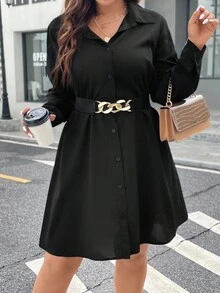 Easura Plus Size Long Sleeve Belt Buckle Decor Waist A-Line Simple Commuter Casual Midi Dress - Black - View 1