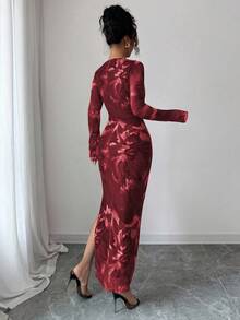 Elenzga 女式弹力网眼花卉图案连衣裙，别致而女性化的设计，交叉扭纹 V 领，紧身廓形和开衩，适合日常、通勤、约会、派对和聚会 - 酒紅色 - 查看 2