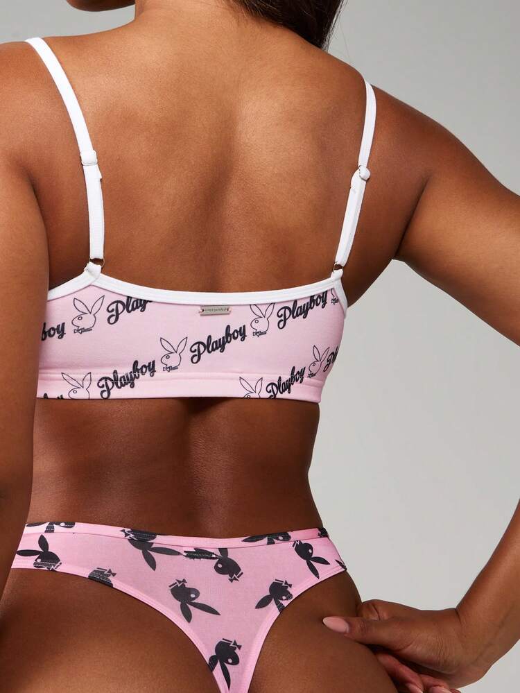 Missguided x Playboy Women All Over Print Bralette Lounge Stretch Fabric Casual Adjustable Straps Seamless Comfort Soft Bra