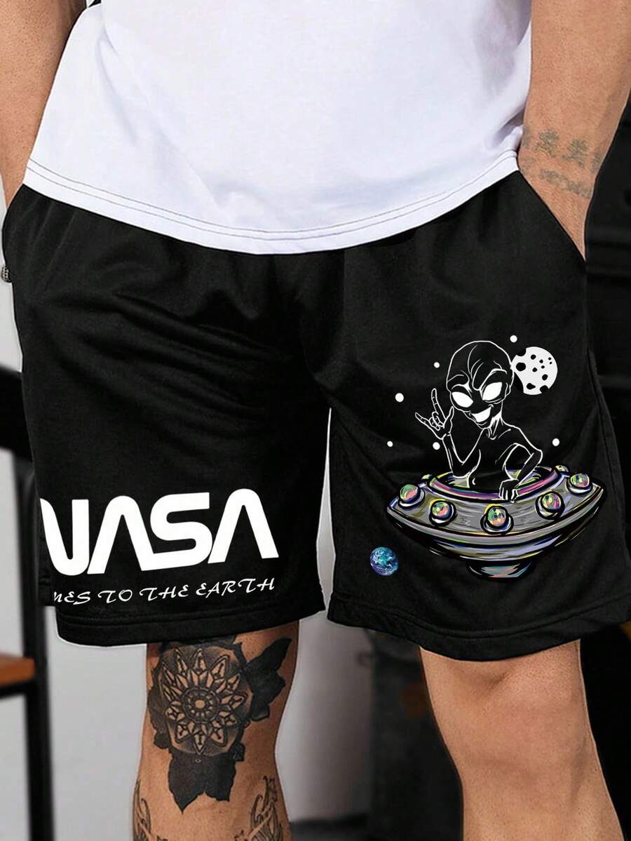 Manfinity Homme 宽松男式宇航员与字母图案抽绳腰短裤