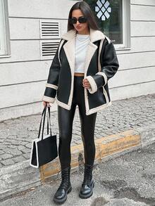 EURMUSE Teddy Lined Leather Look Coat - Black - View 4
