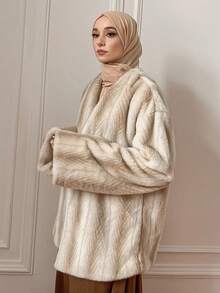 DAZY Women's Fluffy Colorblock Loose Casual Business Jacket, Elegant For New Year, Christmas, Wedding Party, Autumn/Winter Women Coats Modest Fashion - Beige - View 10