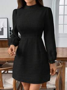 EMERY ROSE 女式纯色中式立领灯笼袖休闲迷你连衣裙 - 黑色 - 查看 5