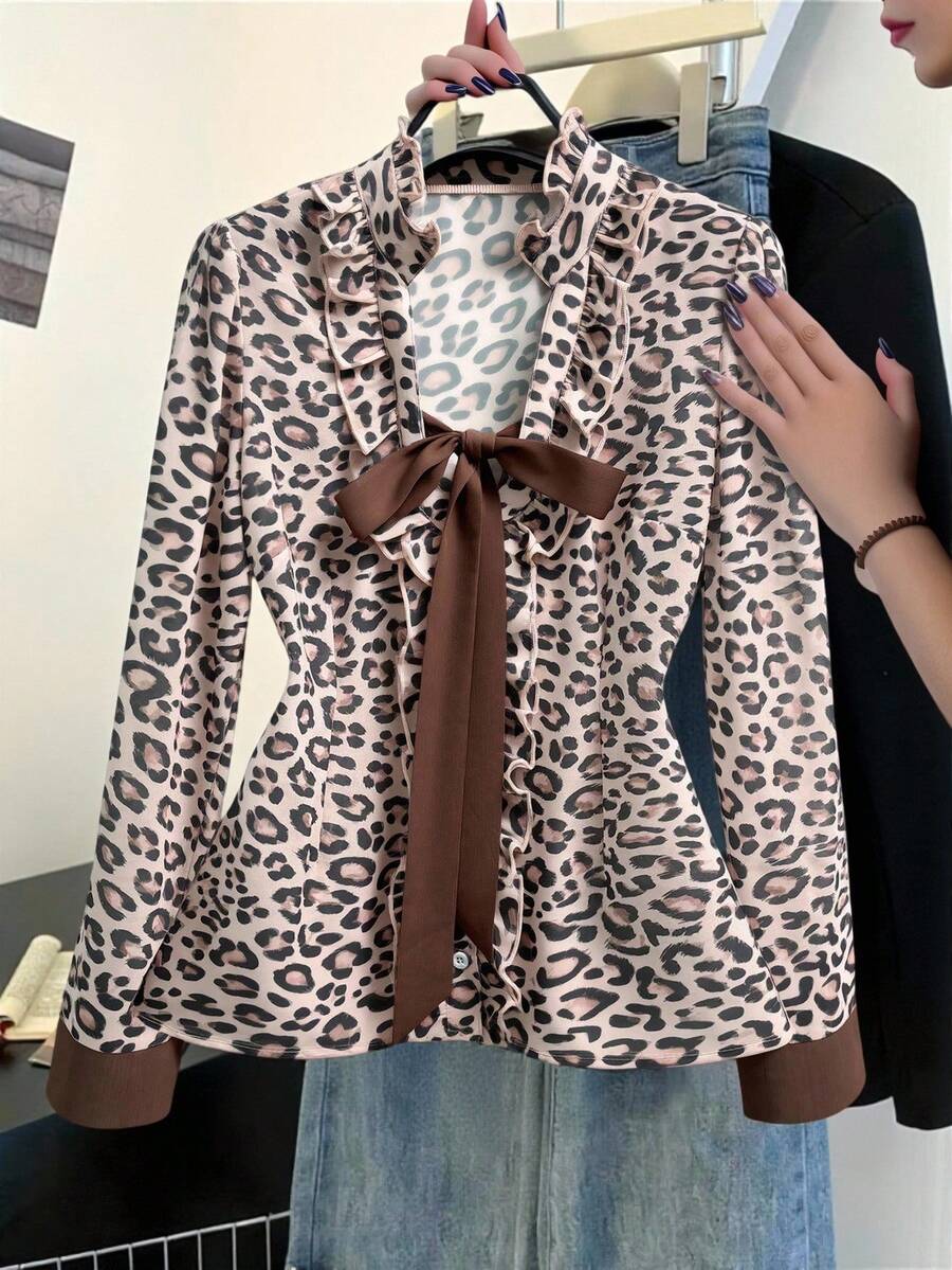 Franclia 优雅法式豹纹荷叶边 V 领撞色拼色长袖女式衬衫,冬季豹纹衬衫动物印花上衣豹纹衬衫女式豹纹上衣荷叶边衬衫 - 彩色 - 查看 1