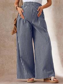 Boho Mama 孕妇格子印花口袋松紧腰休闲阔腿裤 - 藏蓝色 - 查看 5