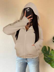 SHEIN EZwear Sweatshirt Berkerudung Rajut Abu-abu Wanita untuk Musim Gugur/Dingin - Khaki - View 3