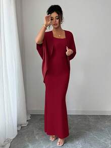Elenzga 2 件套女士纯色连衣裙和夹克套装，正式、优雅、休闲 - 酒紅色 - 查看 6