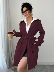 Chiquease 女式休闲缺口领双排扣风衣，秋季 - 紅色 - 查看 5