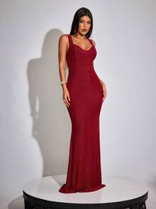 女式酒红色弹力闪光可变形 V 领无袖露背拉链开合优雅性感派对长裙 - 酒紅色 - 查看 4
