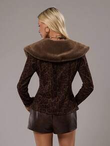 SHEIN TRNDY 1 件女式薄夹克，棕色豹纹拼布，人造毛皮饰边，性感深 V 领系带长袖，优雅，秋冬 - 彩色 - 查看 2