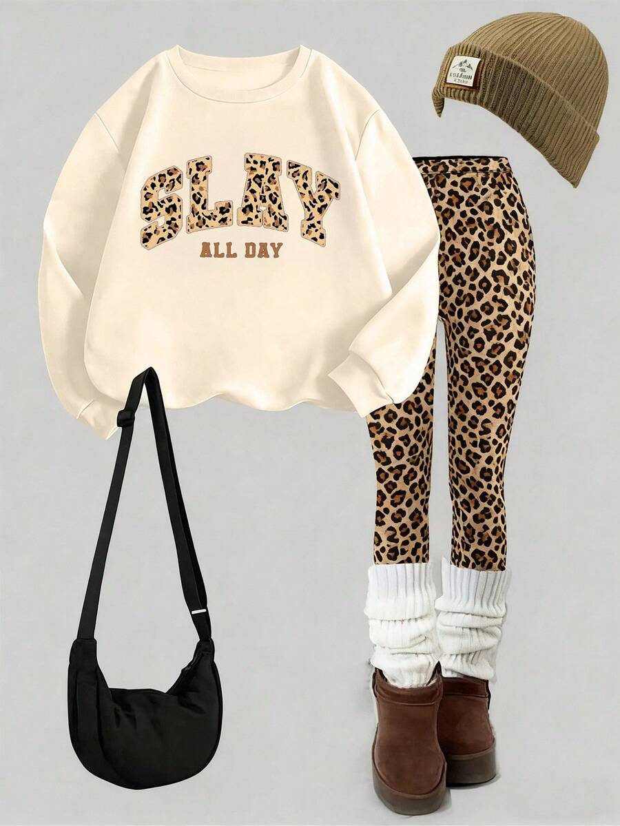 Bộ áo nỉ cổ tròn màu trắng mịn và quần legging cho bé gái - Màu be - Xem 1