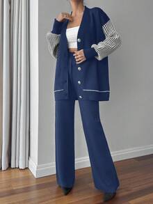 EURMUSE Casual Colorblock Striped Patchwork Cardigan And Knit Pants Set, Autumn/Winter - Navy Blue - View 5