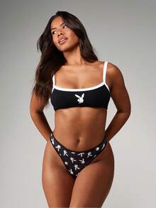 Missguided x Playboy 兔子印花丁字裤高腰裤无缝舒适V字裤全身印花标志图案舒适弹力贴身内裤 - 黑與白 - 查看 3